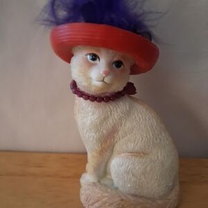 Charming Cat Figurine with Red Hat and Purple Feather  Dressed Up.As A Red Hatte